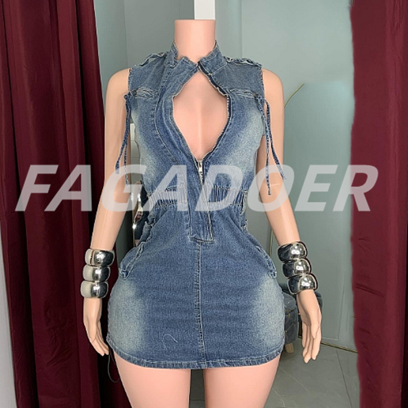 FAGADOER-Mini Vestidos Cargo de mezclilla para mujer, ropa sin mangas con cremallera y cordón en la cintura, ajustada, Primavera