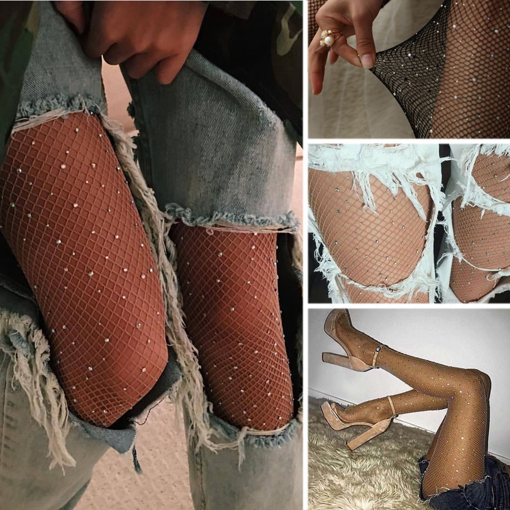 Cute Glitter Fishnet Diamond Bright Pantyhose Women Shiny Fish Net Tights Female Girls Slim Rhinestone Mesh hollow out Leggings