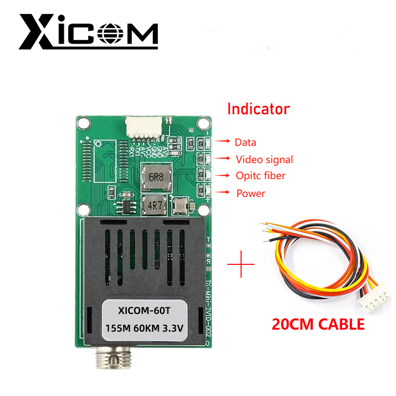 Xicom-convertidor de medios transceptor de fibra de vídeo, 1V1D, 60KM,80KM,100KM, vídeo de 1 canal + UART, TTL y SBUS FC/UPC TX/RX DC 5,5 ~ 26V