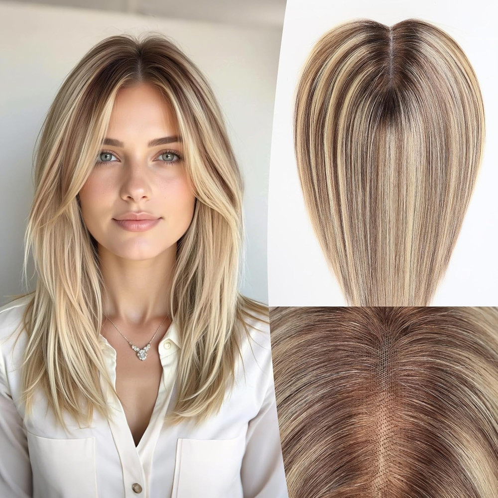 Topper per capelli umani con evidenziazione bionda marrone da 12 pollici 5 * 6 posticci con base svizzera di grandi dimensioni per le donne dall'aspetto naturale per l'uso quotidiano nelle feste