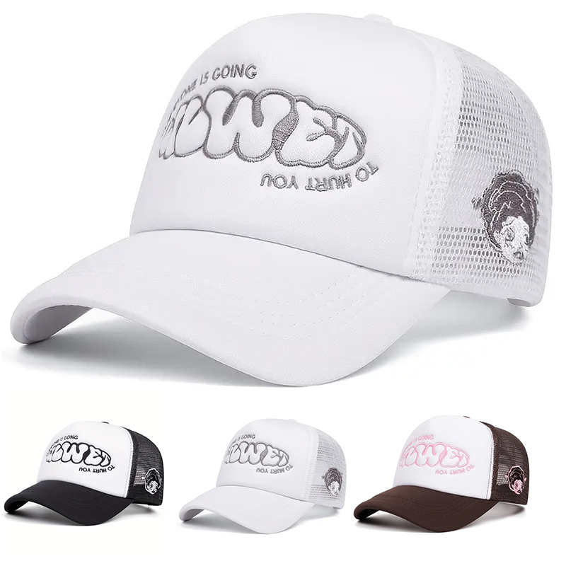Una niña con un rostro lloroso, una gorra de béisbol bordada con esponja, una gorra de béisbol de malla para exteriores para hombres y mujeres para uso casual