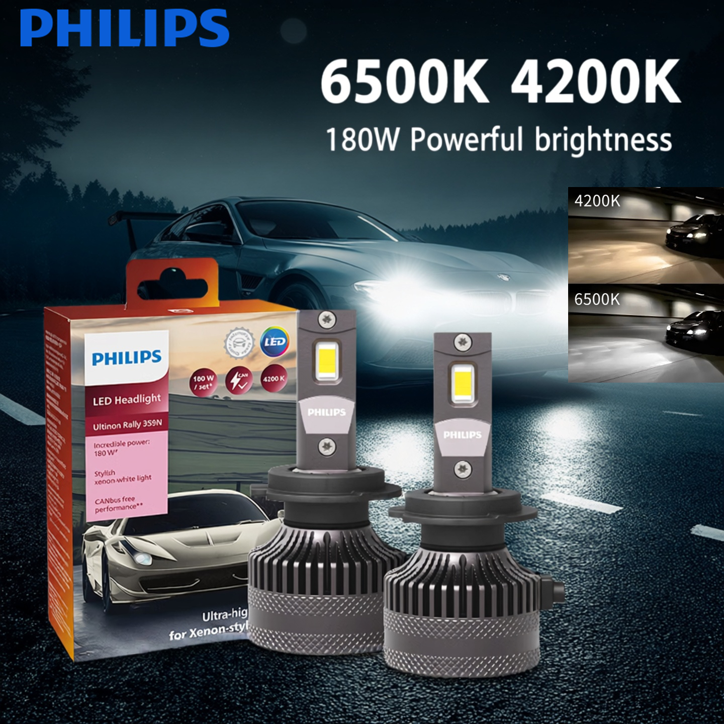 Żarówki samochodowe Philips LED 15000lm Ultinon Rally 3590 H4 H7 H8 H11 HB3 HB4 H19 HIR2 H1, światło białe 6500K, maksymalna moc 180W, 12V, 4200K U359N