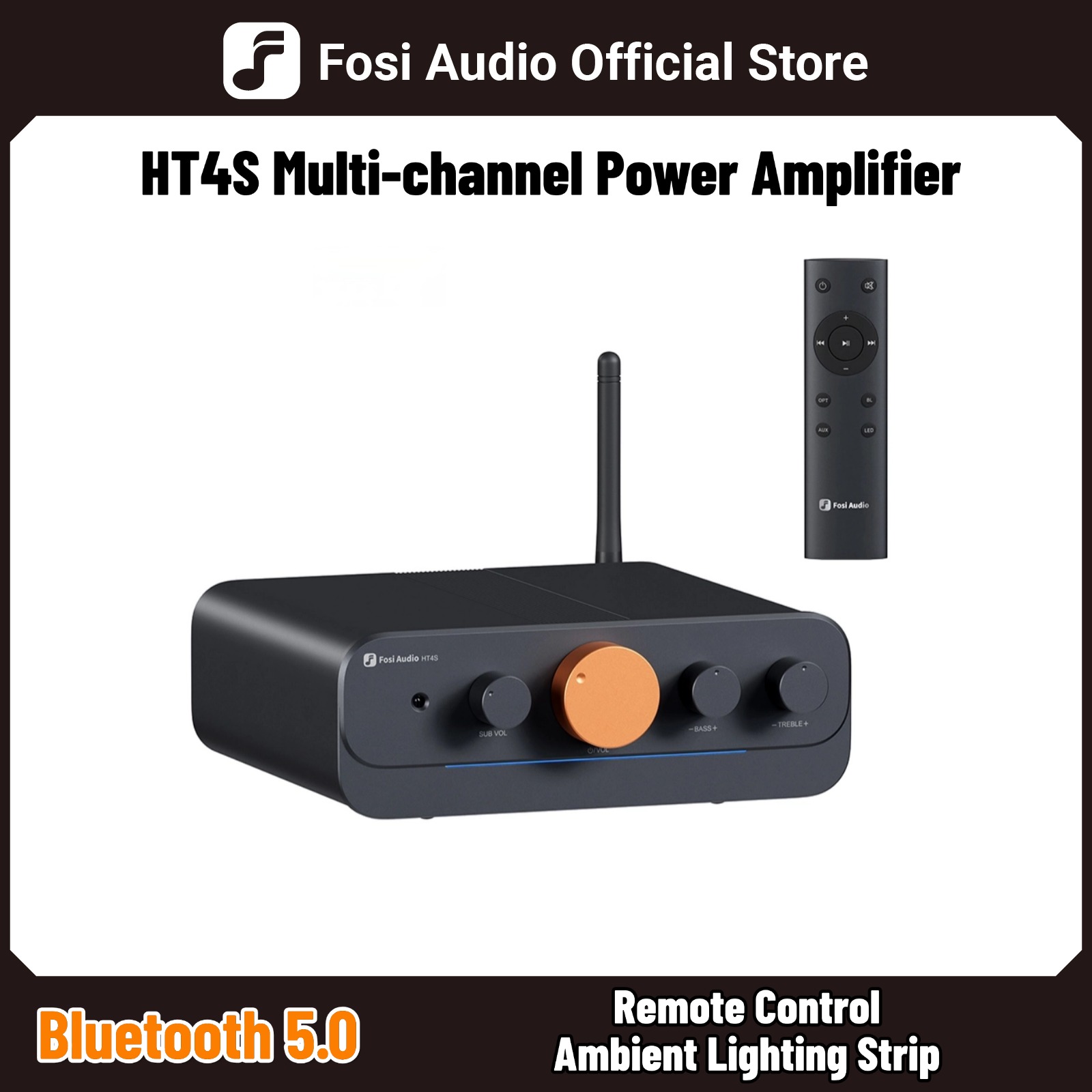 Fosi Audio HT4S Bluetooth 4.1 Amplificatore audio domestico, amplificatore per altoparlanti esterni Mini amplificatore da tavolo Amplificatore per basso a 4 canali per altoparlante