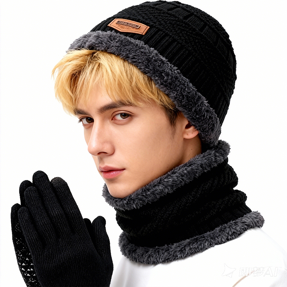 3-piece Windproof Hat Scarf and Glove Set Men's Winter Warm and Cold-proof Ear Protection Hood Outdoor Cycling Hats Knitted Hat