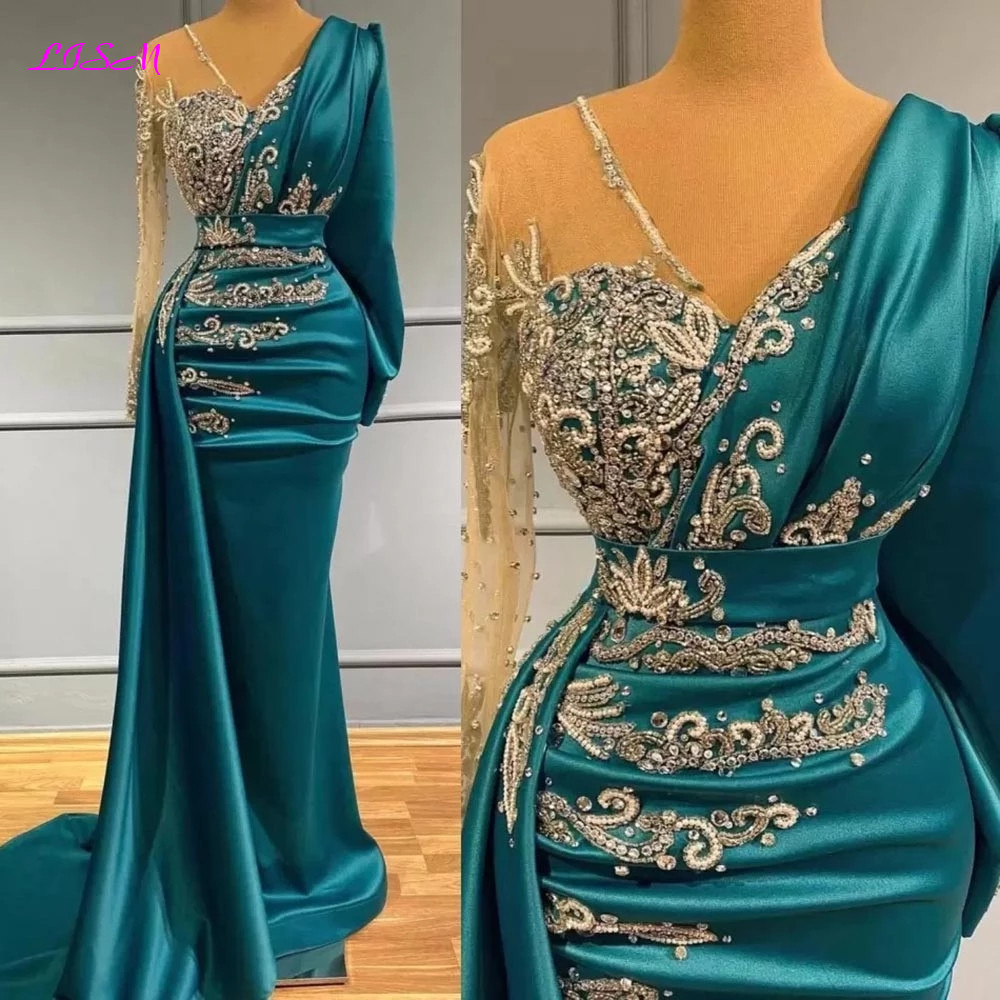 หรูหราแขนยาว Mermaid ชุดราตรี Sparkly คริสตัล Elegant ซาตินดูไบผู้หญิงอย่างเป็นทางการชุดราตรี SHEER คอ