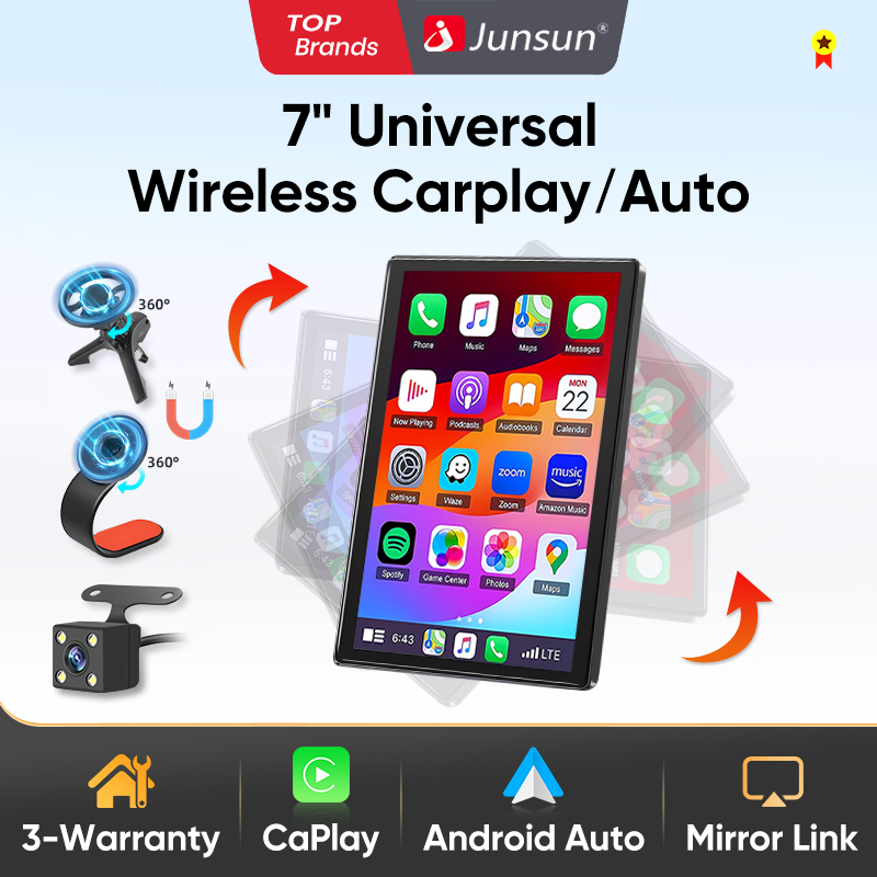 Junsun 7 "uniwersalny przenośny bezprzewodowy CarPlay dla Apple Android Auto Car Audio odbiornik ekran dotykowy kamera cofania Bluetooth GPS