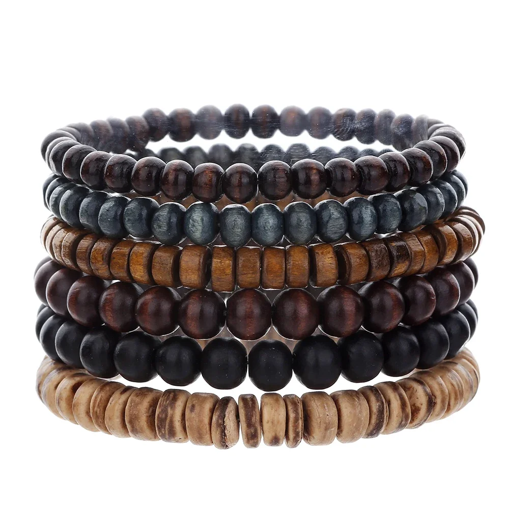 Mais vendido conjuntos de pulseiras de contas de madeira de buda multicamadas estilo retrô masculino pulseira de madeira ajustável com fio elástico multicamadas