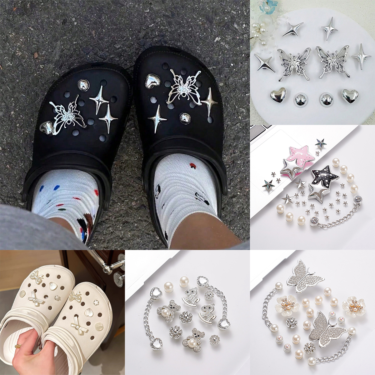 Schuh-Charms für Clogs in Silberfarbe, DIY-Accessoires, Niedliche & Trendige Schmetterling-Perlenketten, Blumen- und Tierdekoration, Modisch für Sandalen