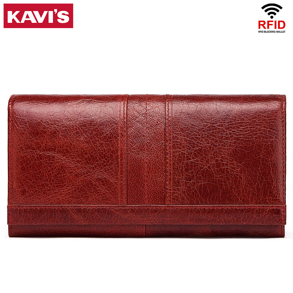 Dompet panjang lipat tiga wanita KAVIS, tas kredit multi-kartu berkapasitas besar RFID, terbuat dari kulit sapi