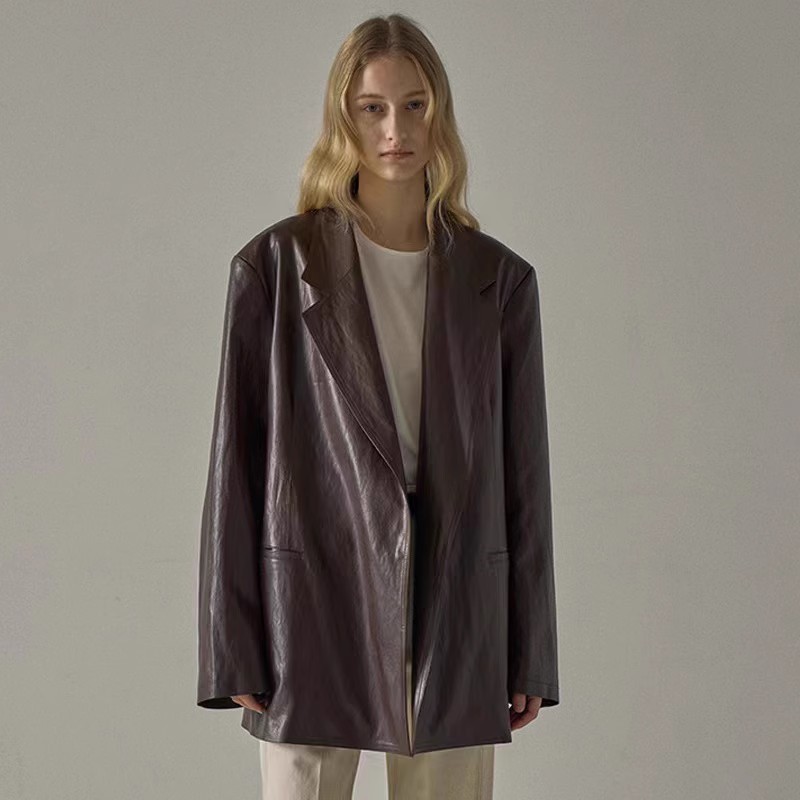 B-OTTO chaqueta de cuero para mujer estilo primavera y otoño traje suelto de diseño de nicho de longitud media con textura Simple y atmosférica