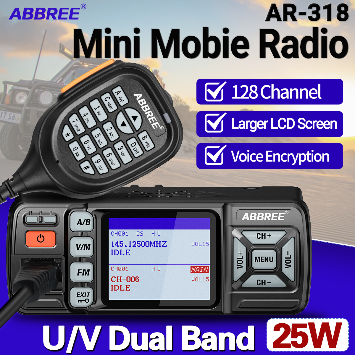 ABBREE AR-318 Mini Mobiele Radio 25W Dual Band UHF VHF Lange afstand Dual Mode Horloge Spraakcodering Auto Transceiver Walkie Talkie