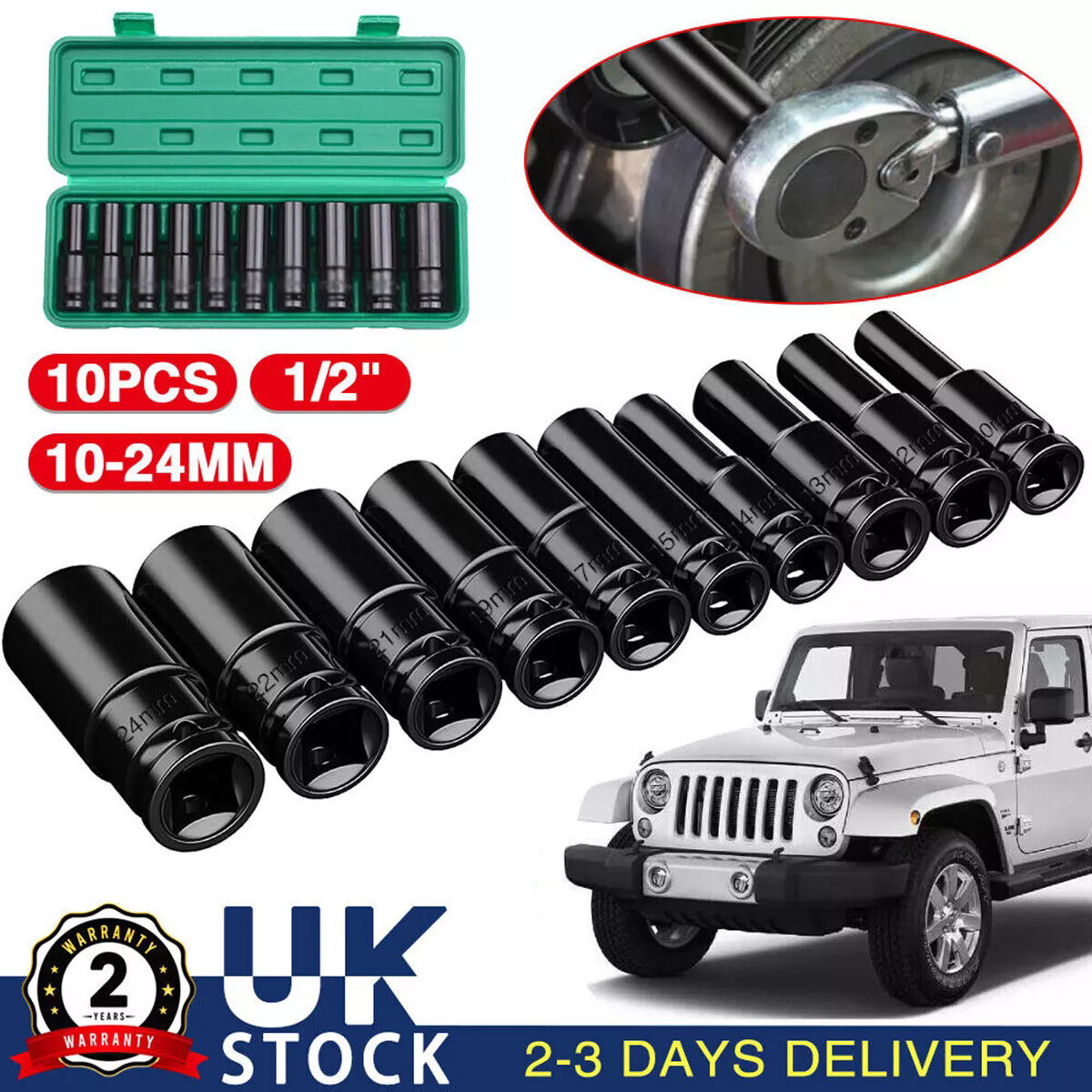 Heavy Duty 1/2” Drive Deep Impact Sockets Set Long Reach Wheel Wrench Moer nieuw