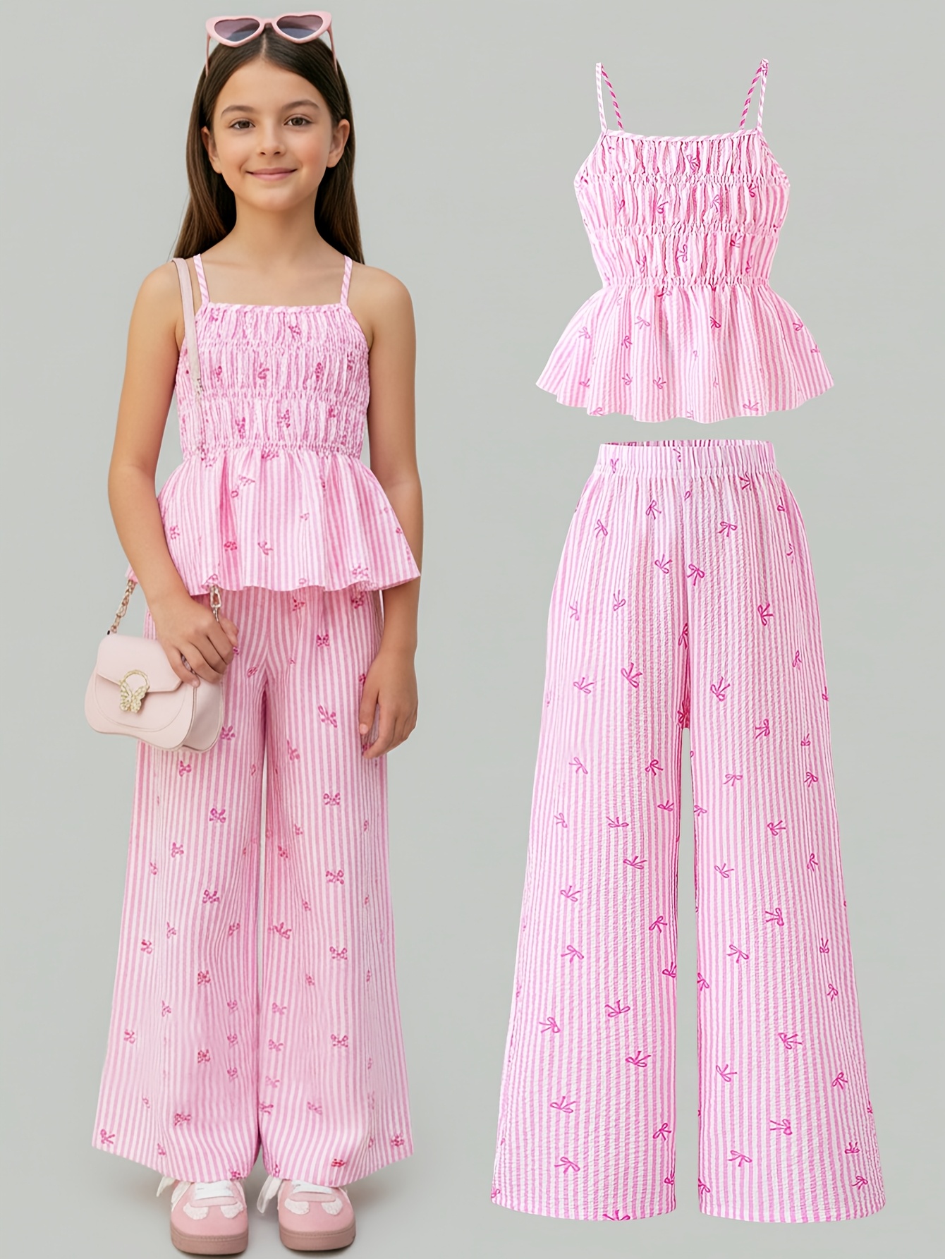 Conjunto de dos piezas de estilo festivo para niñas: top halter a rayas con lazo y pantalones de pierna recta, tela rosa a rayas con adorno de lazo, conjunto de pantalones casuales de verano a la moda para niñas de 5 a 13 años