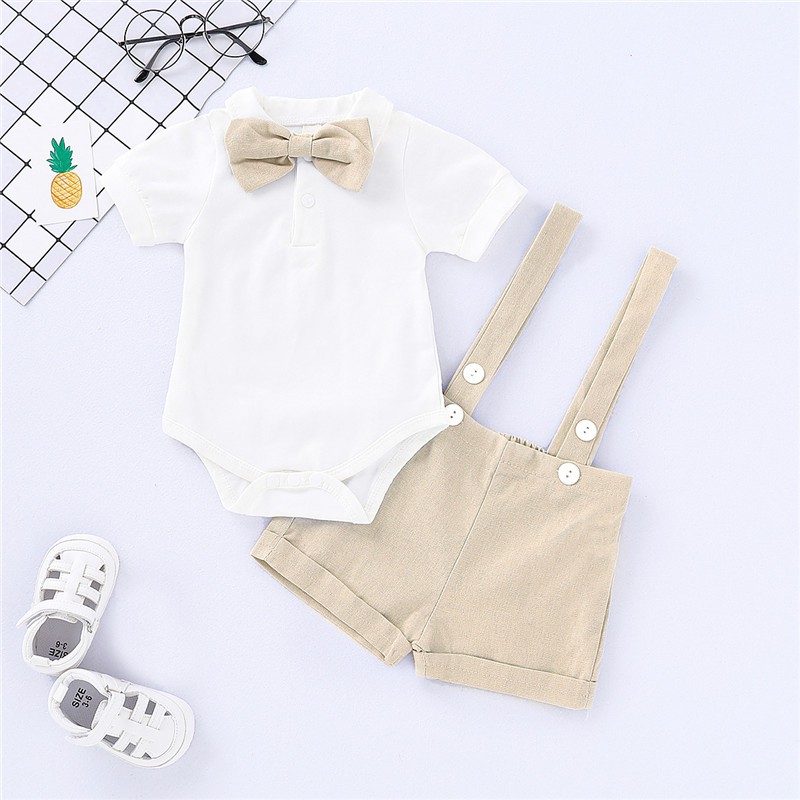 Conjunto de ropa para bebés recién nacidos de 0 a 24 meses, pelele de algodón de manga corta con pajarita y pantalón con tirantes, trajes de verano para niños pequeños de 2 uds.