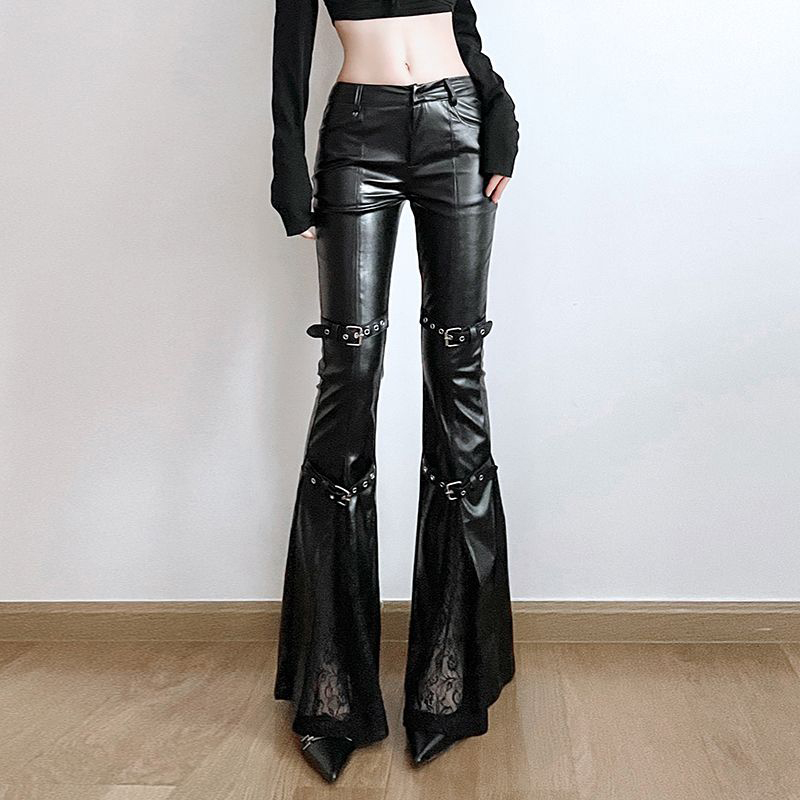 Design Sense Lace Patchwork Pu Leather Flare Pants Women Fashion Sexy High Waist Slim Pants Lady Streetwear Chic Casual Trousers