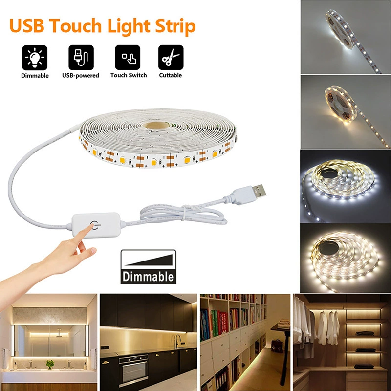 5V 2835 LED 스트립 라이트 터치 센서 스위치 디밍 가능 USB 플렉시블 LED 테이프 리본 라이트 거울 캐비닛 계단 장식 조명용