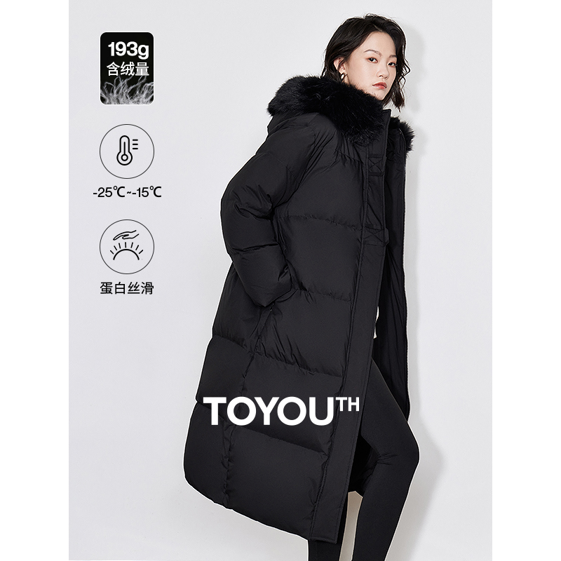 Toyouth-女性用の防水毛皮の襟付きフード付きチェック柄ダウンジャケット、ジッパー付きロングコート、黒のパーカー、新しい、寒い、冬、2022