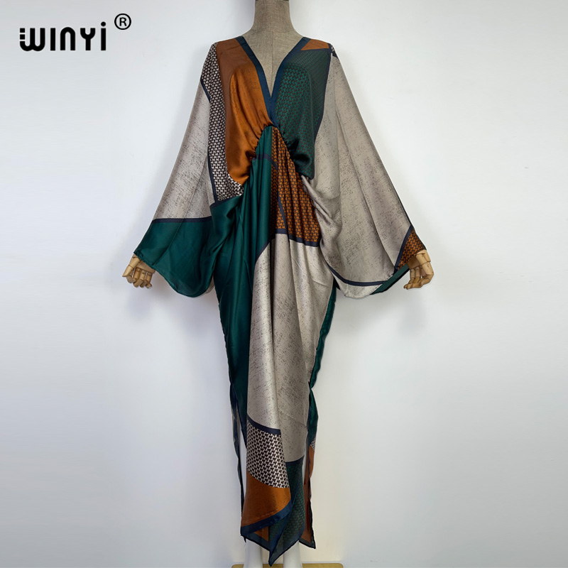 WINYI 2025 lato Retro Printed Party Long Dress Women Elegancka kaftanowa sukienka z długim rękawem z głębokim dekoltem V Moda damska Sukienki plażowe