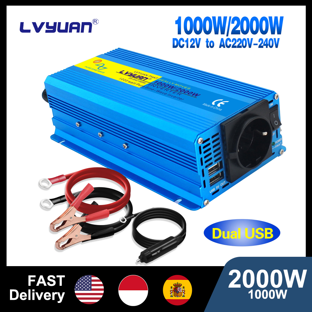 LVYUAN Zuivere Sinusomvormer 2000W DC 12V 24V naar AC 110V 220V Continu Vermogen 2000W Met LED-omvormer