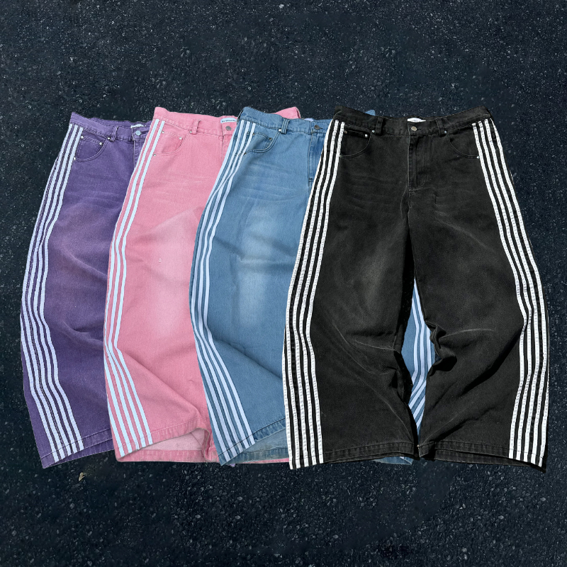 Gothic Männer Baggy Jeans Y2K Retro Zehn Streifen Hohe Qualität Unisex Streetwear Trendy High Street Casual Gerade Denim Hosen