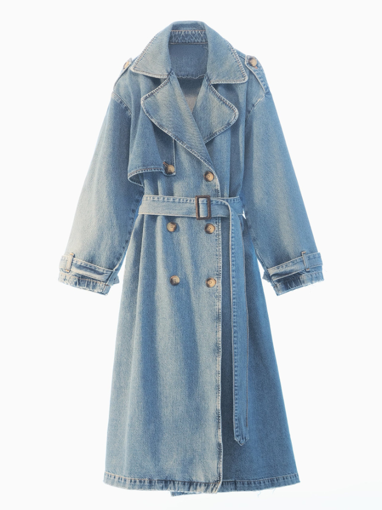 Denim Trench Coats สําหรับผู้หญิงเข็มขัดเอว Slim Jean Coats สุภาพสตรี Jaqueta Feminina Blue Jean แจ็คเก็ตผู้หญิง