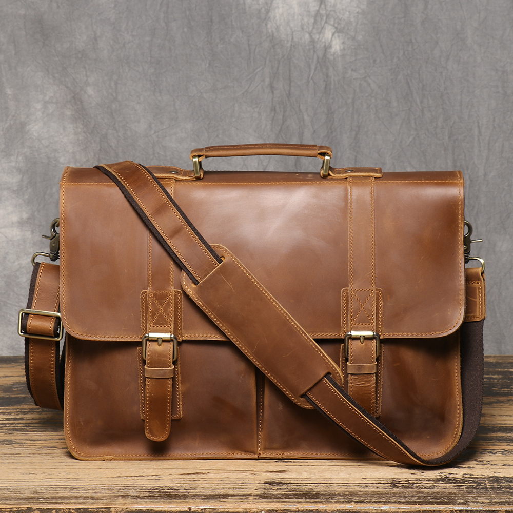 Retro Aktentasche Crazy Horse Leder Herren Rindsleder Schulter Umhängetasche Große Kapazität Echtleder Laptoptasche