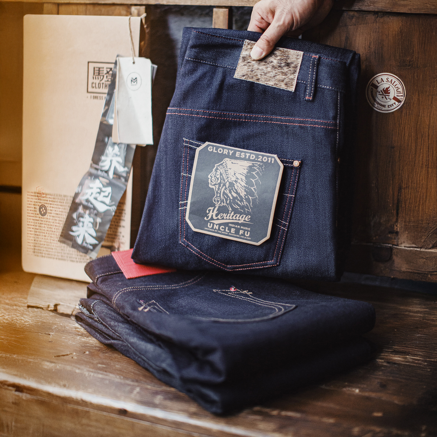 Maden Herren-Jeans aus 100 % Baumwolle, Vintage-Stil, Selvedge Raw-Denim-Jeans mit Pferdehaar, Leder-Patch, gerade Hose für Frühling und Herbst