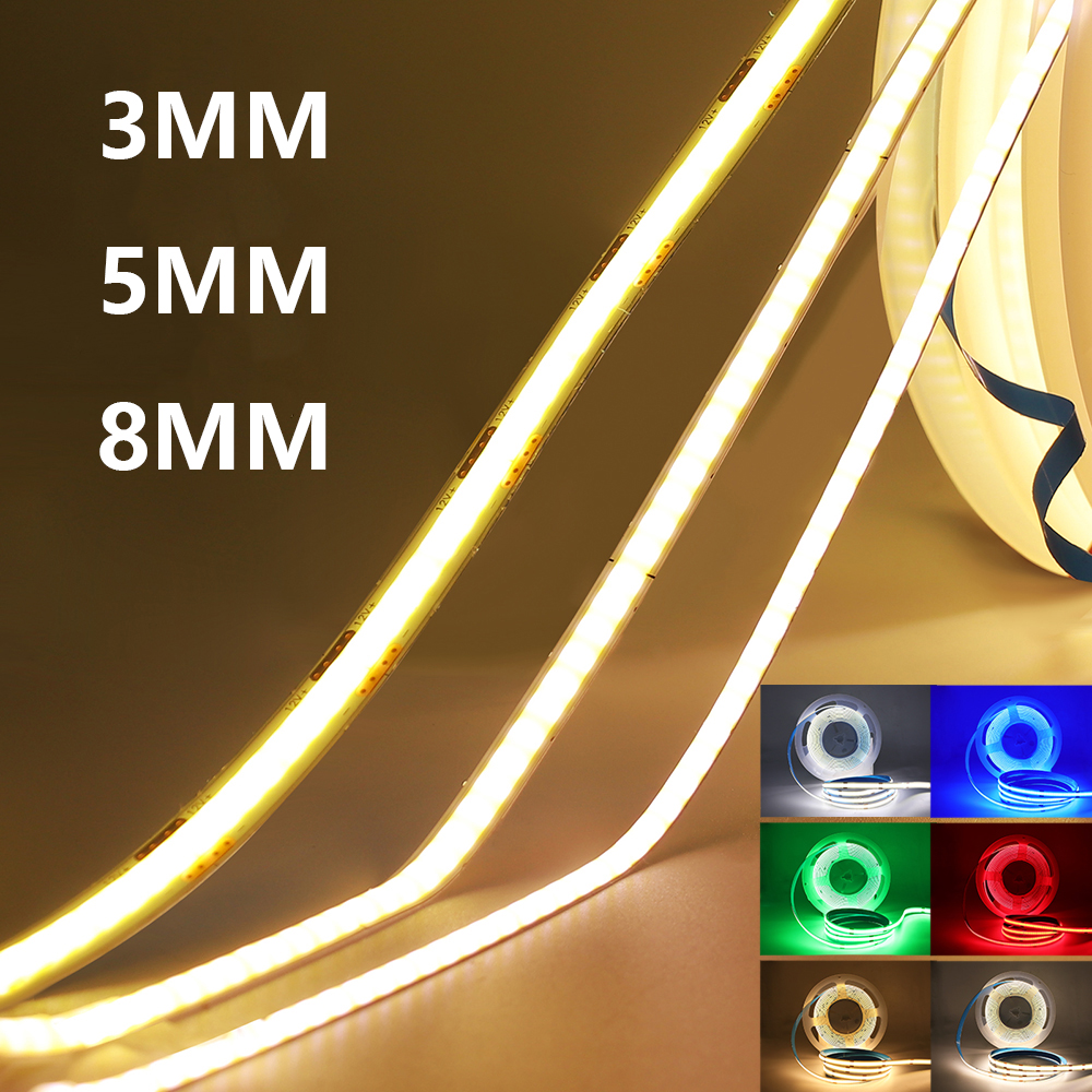 Tira de luces LED COB PCB de 3mm, 5mm, 8mm, 5V, 12V, 24V, 320LEDs/m, cinta Flexible de alto brillo, blanco Natural cálido, rojo, verde, azul, 0,5 m, 5m