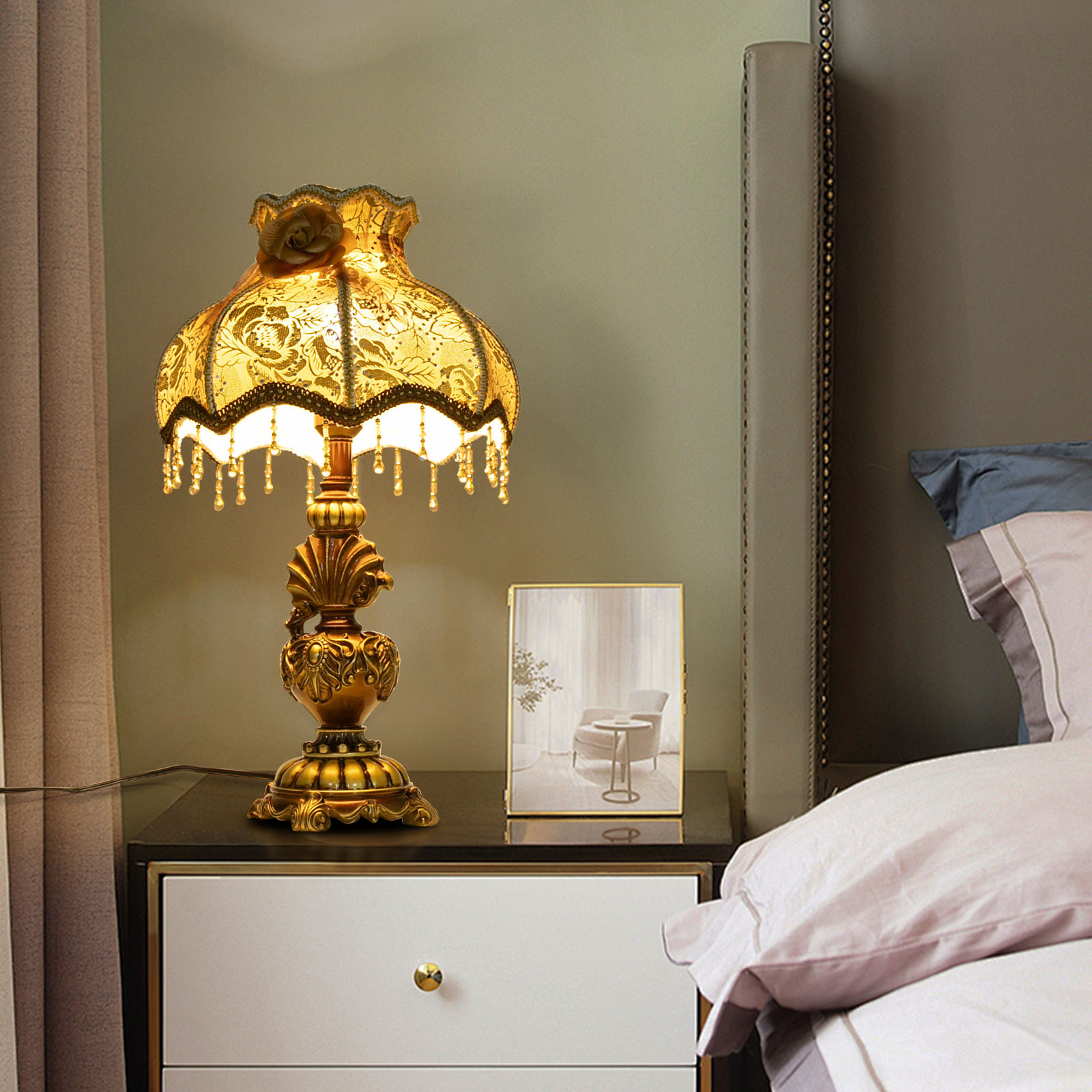 Europäische goldene Tischlampe, 100–260 V Nachttischlampe, Tischlampe mit Drucktastenschalter, für Studien, Wohnzimmer, Schlafzimmer