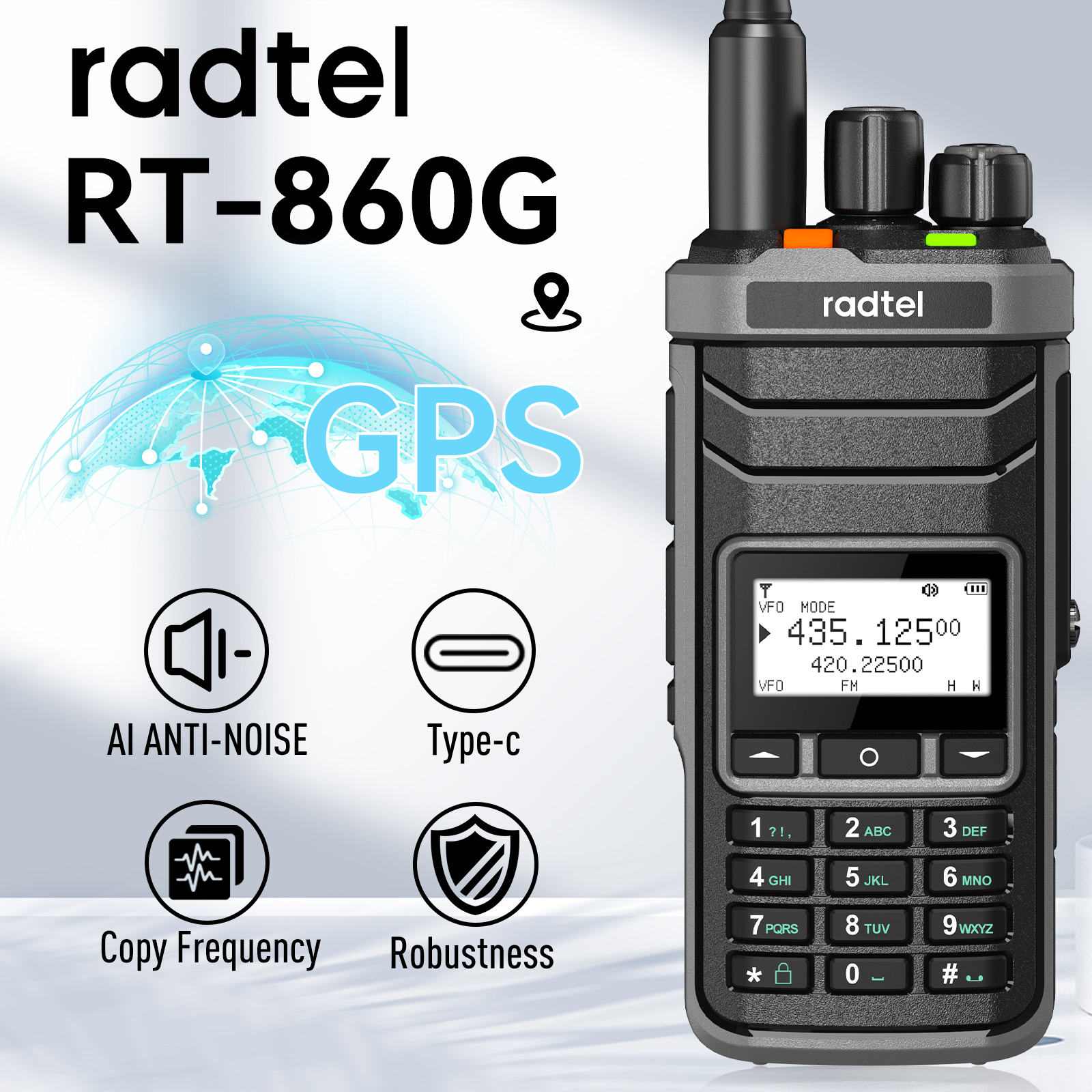 Radtel RT-860G マルチバンドアマチュア無線 GPS 1024 チャンネル、デュアルバンド AM USB LSB HF UHF VHF CW CB LW MW SW SSB 受信