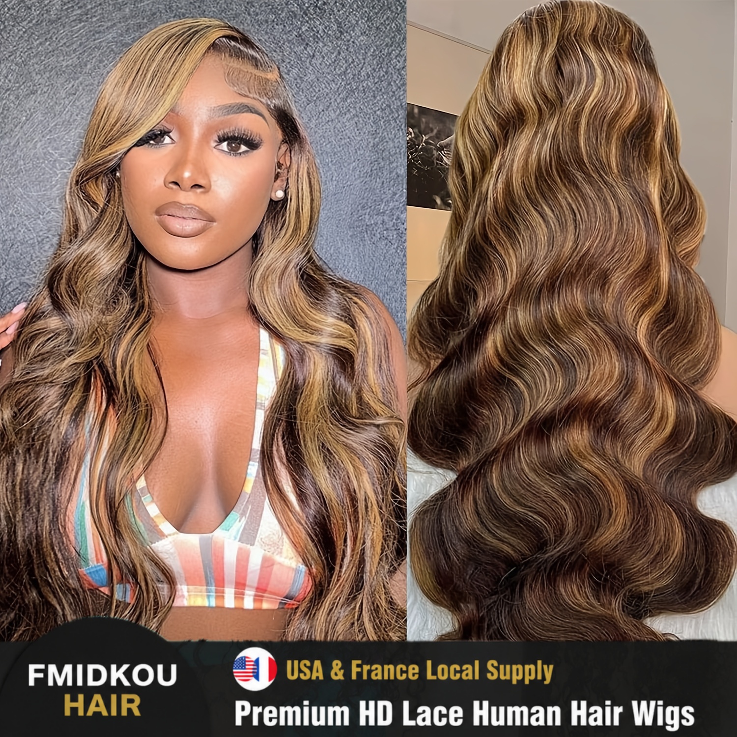 Pelucas Frontales de Encaje 13x4 HD 4/27 Rubio Miel, Densidad 200, con Reflejos Ombre y Ondas Corporales, Peluca Frontal de Encaje de Cabello Humano con Línea de Cabello Natural