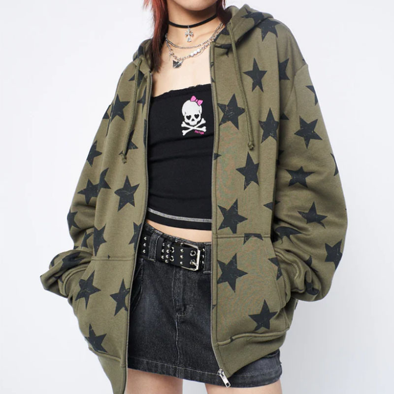 Sweatshirt Hoodie Y2k Streetwear longgar, jaket Harajuku kasual Gotik ukuran besar motif bintang
