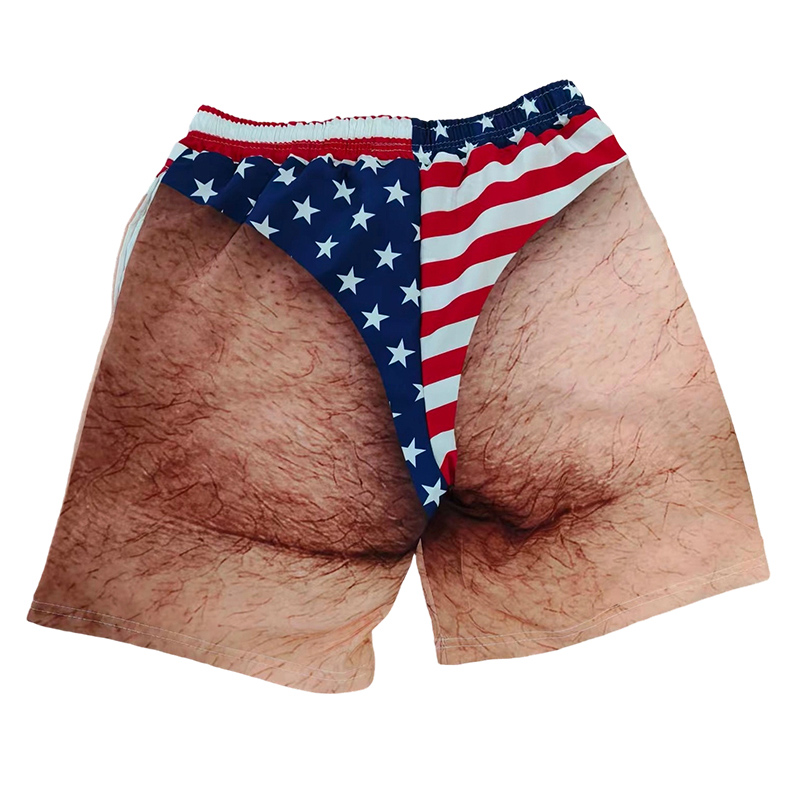 Divertidos calzoncillos con estampado de la bandera de EE. UU., pantalones cortos de playa 3D, bañador con gráfico realista de piernas peludas, disfraz patriótico del 4 de julio, regalo para esposo