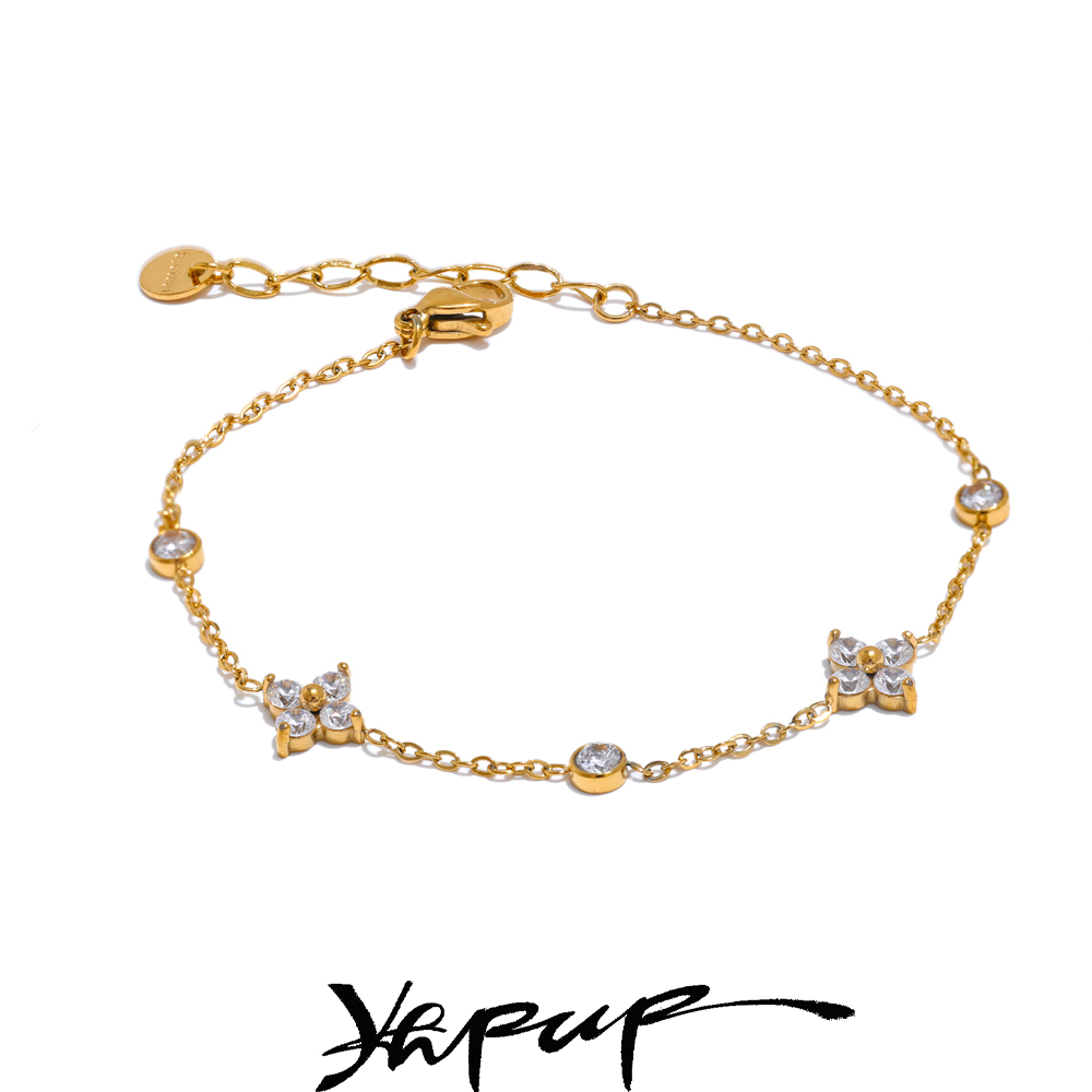 Yhpup Delicata catena di fiori con zirconi cubici Bracciale sottile Bracciale in acciaio inossidabile antiruggine Gioielli chic da donna per ufficio Nuovo regalo