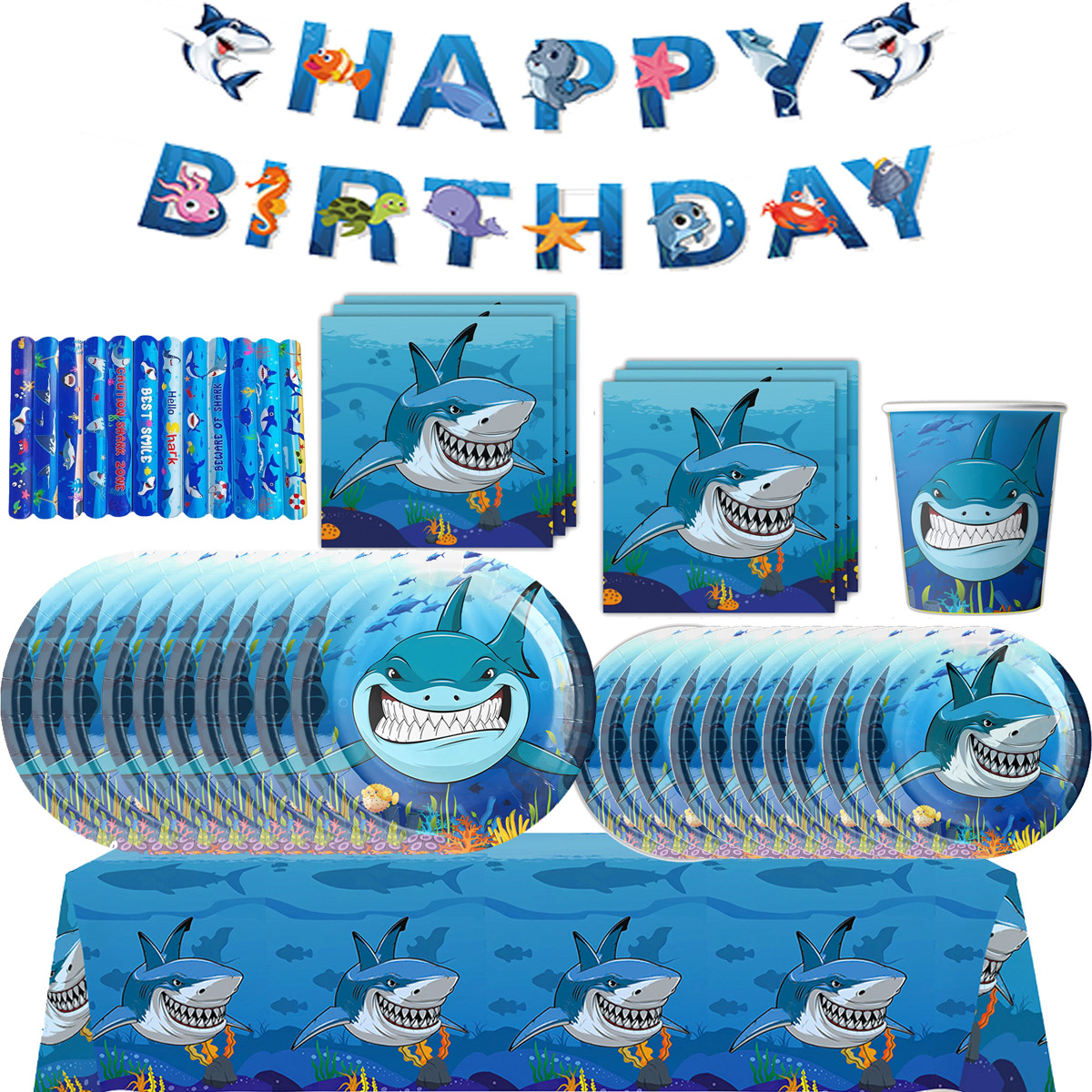 Shark Party Decoration Disposable Tableware Paper Plate Cup Napkin Tablecloth Under the Sea Theme Birthday Party Decoration