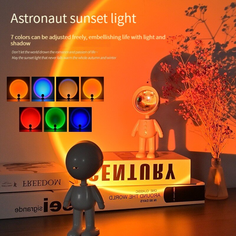 Luz LED de siete colores, luz de atardecer, luz de astronauta, proyección de arco iris, luz nocturna, rotación de 360 grados, luz ambiental recargable