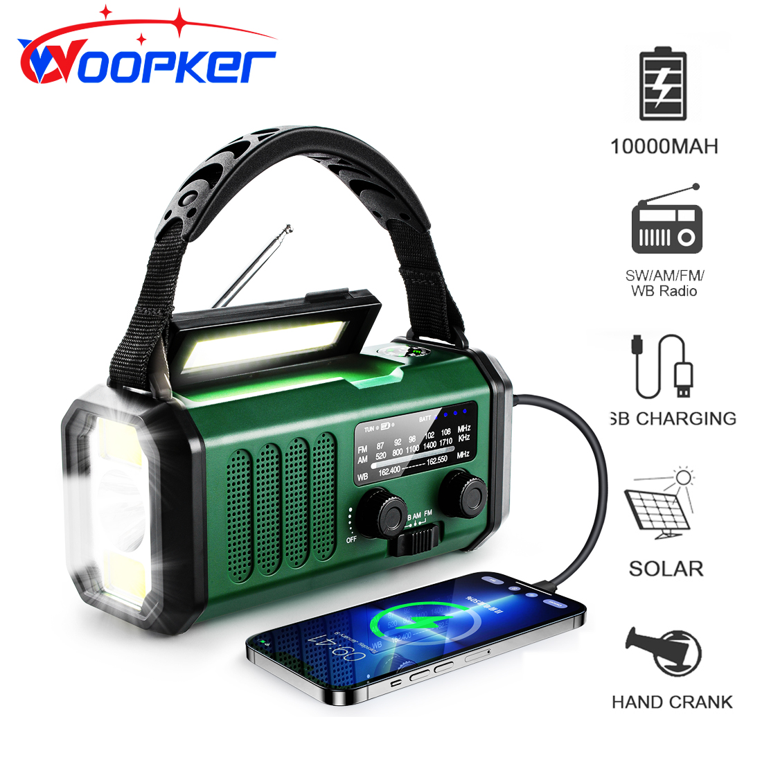 Woopker Radio E30 10000mAh FM Radio de emergencia generador de manivela Solar AM/FM/NOAA LED Radio portátil SOS alarma banco de energía