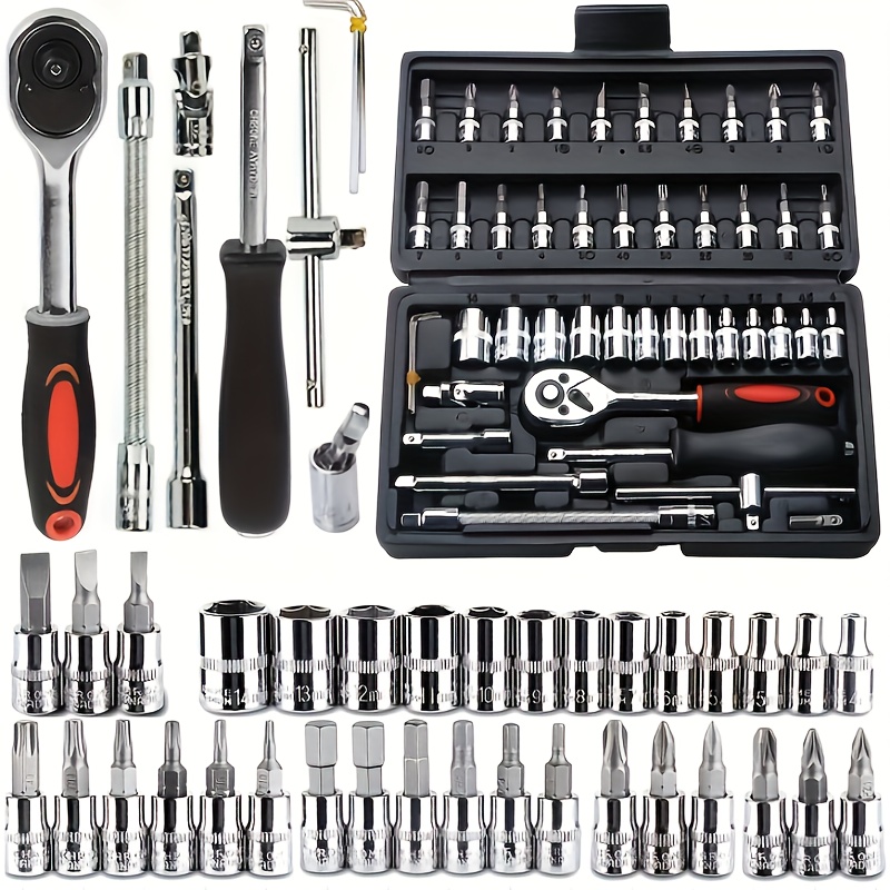 46pcs 1/4 Polegada conjunto de chave de catraca de soquete de unidade-kit completo de ferramentas de reparo de carro para ferramentas de manutenção de automóveis e bicicletas amabilis