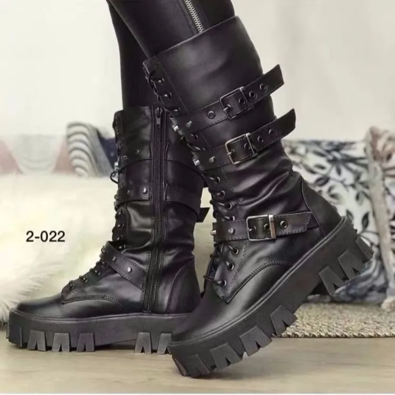 Bottes d'automne de Style britannique pour femmes, talons mi-hauts, Punk Attitude indépendante, bottes de chevalier à Tube Long, tige en caoutchouc