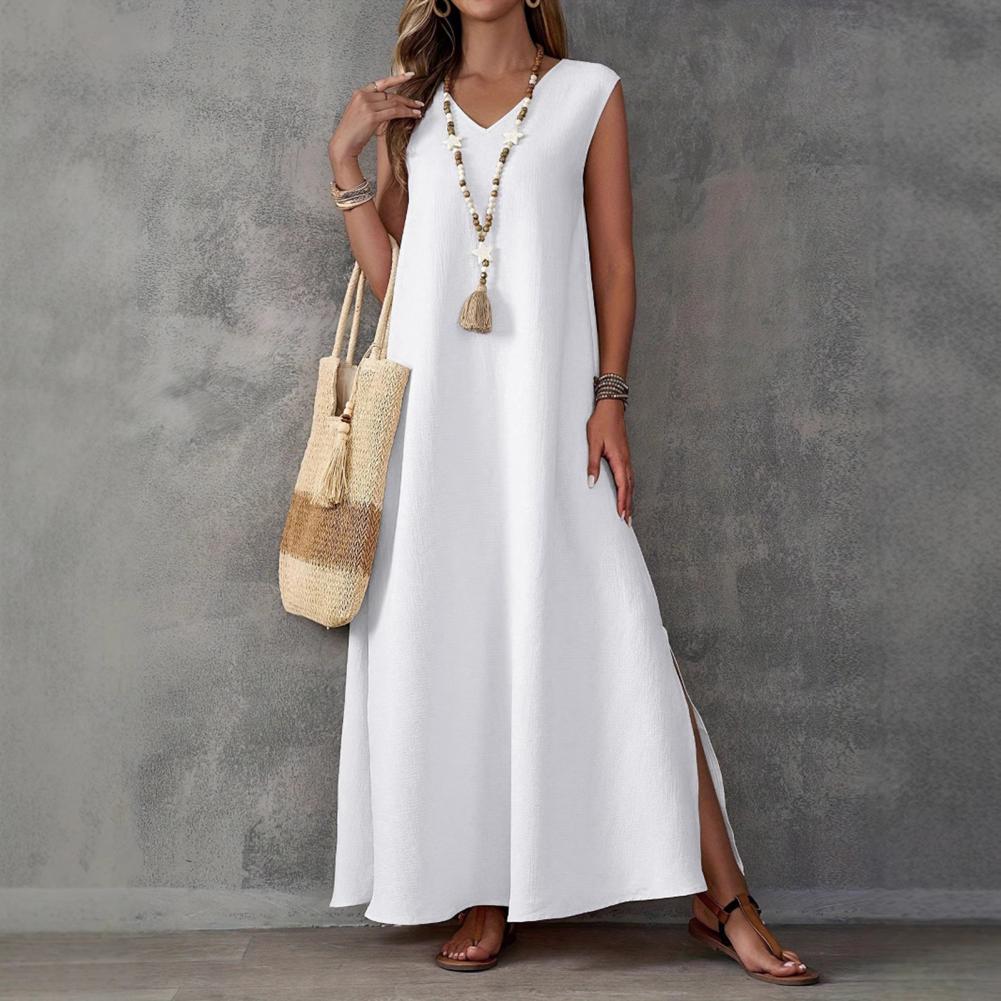 Mouwloze maxi-jurk voor dames V-hals Zijsplit Lange jurk Zomer Casual swingjurk Boho Strandvakantie Zonnejurk Dame vestidos