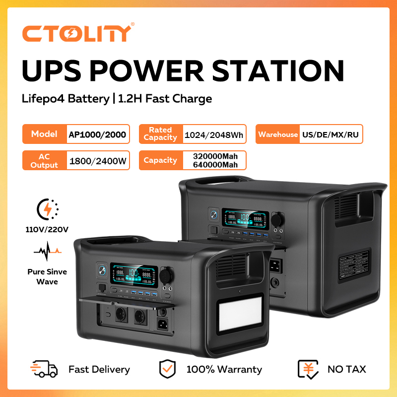 CTOLITY 1600 W tragbares Kraftwerk Lifepo4-Batterie 2400 W Solargenerator AC-Steckdosen Schnellladung für Outdoor-Camping RV Home