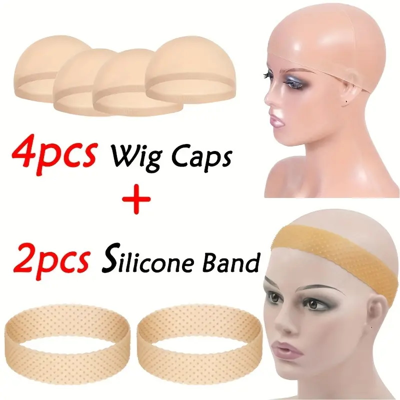 Set di 6 fasce per parrucca in silicone regolabili, fasce per parrucca antiscivolo, resistenti al sudore, senza cuciture, con 4 cappucci per parrucca, fasce per capelli morbide