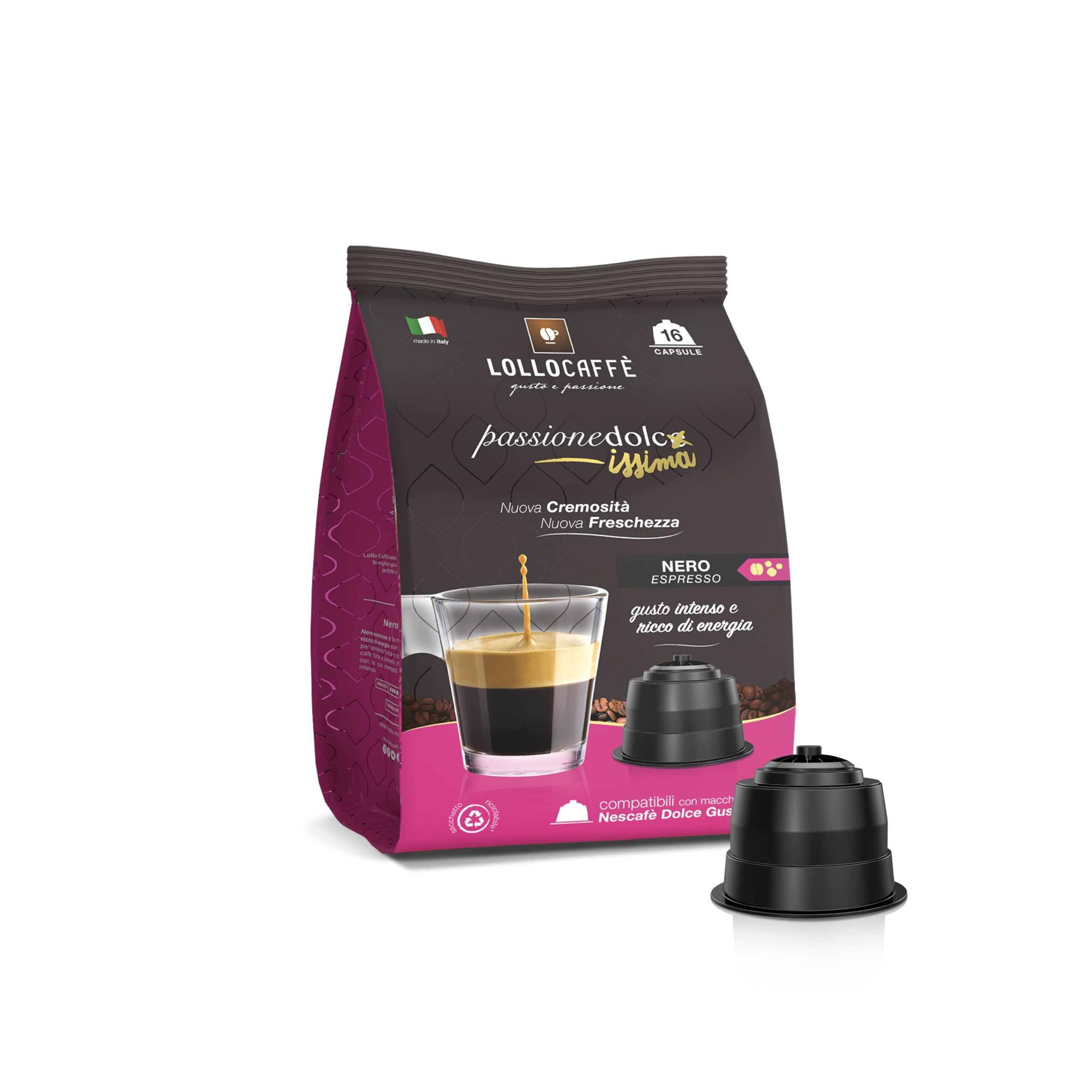 Lollo Coffee Black Blend - 96 cápsulas (6 paquetes de 16) -Compatible con máquinas Nescafé * Dolce Gusto *