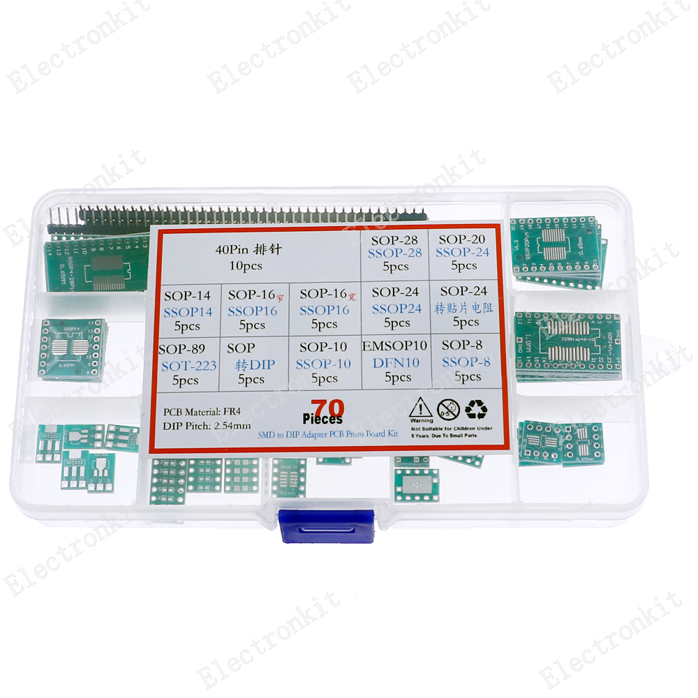 70szt Płytka PCB Assort Kit SMD Turn To DIP Adapter Converter Plate SOP8 SOP10 SOP14 SOP16 SOP24 SOP28