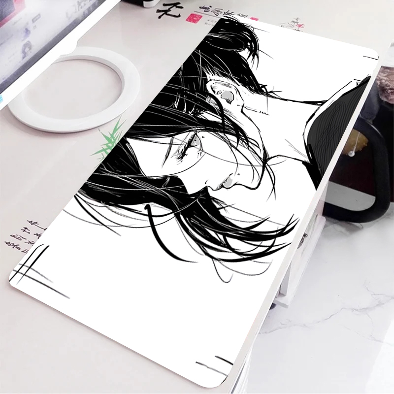 Black and White Anime Girl Table Mat Large Mouse Pad Office Keyboard Edge Locking Desk Mat Gaming Accessories Non-slip Mousepad