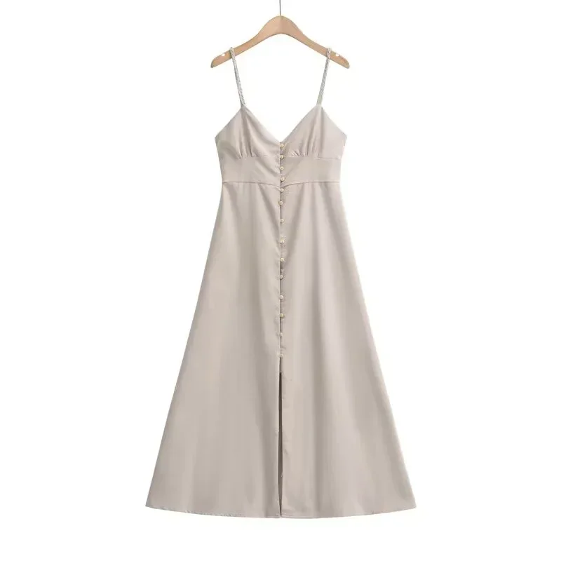 Gaun Linen Wanita Tanpa Tali Leher V Polos Berkualitas Tinggi Midi Vintage Chic Dan Elegan Y2k Sundress Gaun Wanita