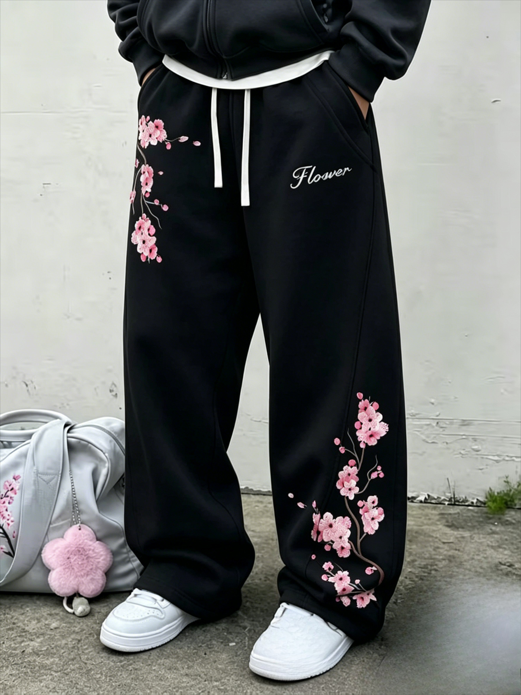 Pantalon imprimé 3D motif fleur de cerisier 2026, unisexe, coupe oversize décontractée, style streetwear, coupe ample gothique