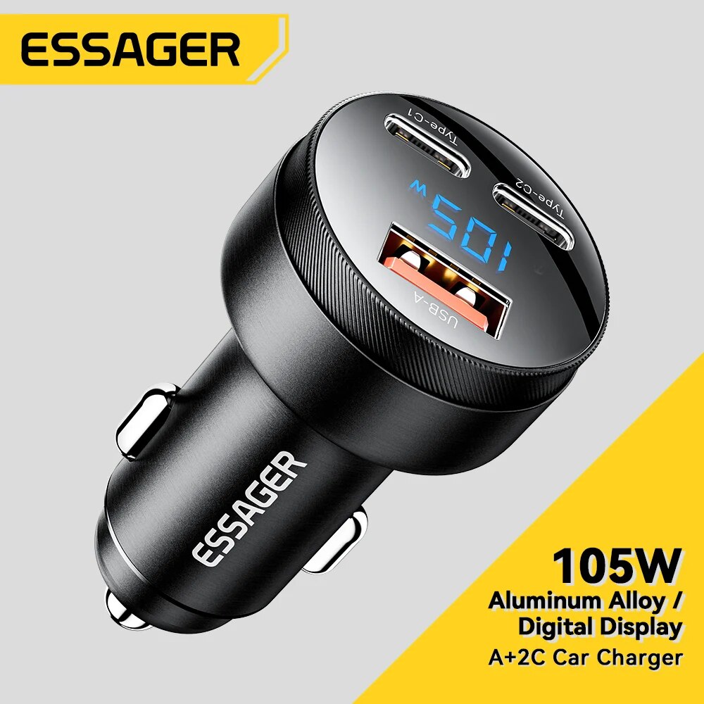 Essager pengisi daya Cepat USB 105W QC4.0, pengisi daya mobil QC SCP PPS PD USB Tipe C 4.0 W untuk ponsel iPhone 14 15 Xiaomi