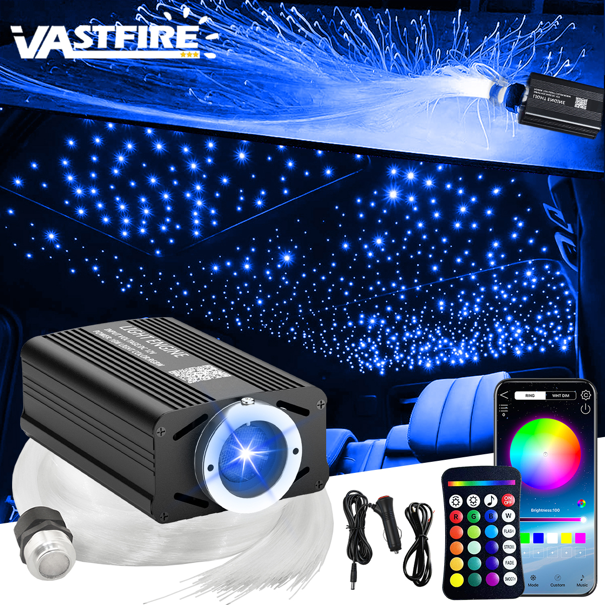 VASTFIRE Mini Kit de Fibra Óptica de 16W para Techo Estrellado, 500/1000 Piezas, para Coche y Hogar, con Hilos de Fibra de 6.5ft de Luz Final, Motor de Luz Estrellada Activado por Sonido, Control por APP y Remoto