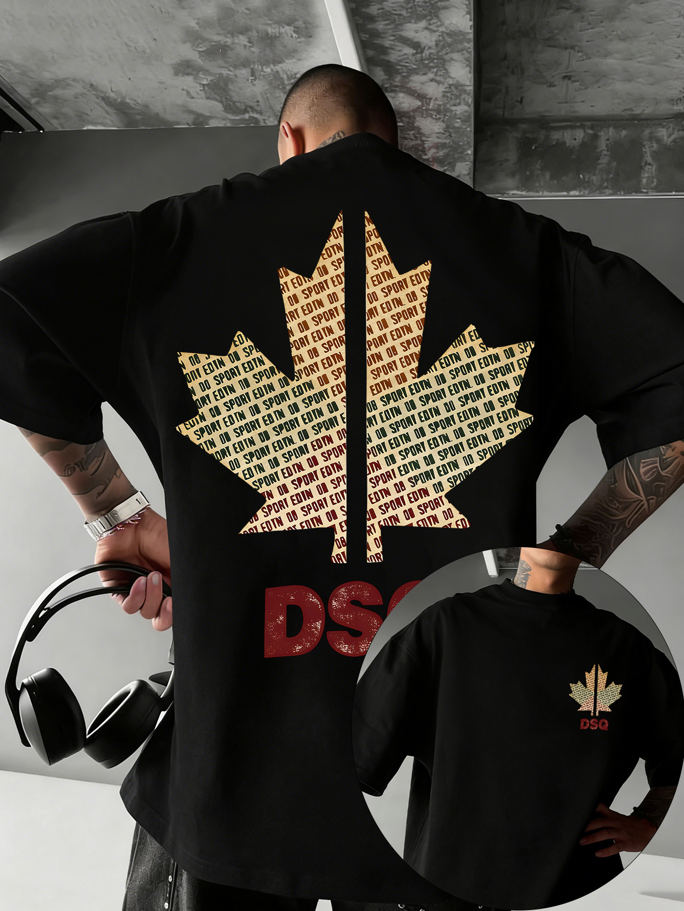 T-shirt voor heren van 100% katoen met textuurprint van esdoornbladeren en opvallende letters. Ideaal voor zomerse streetwear en casual stadsuitjes.
